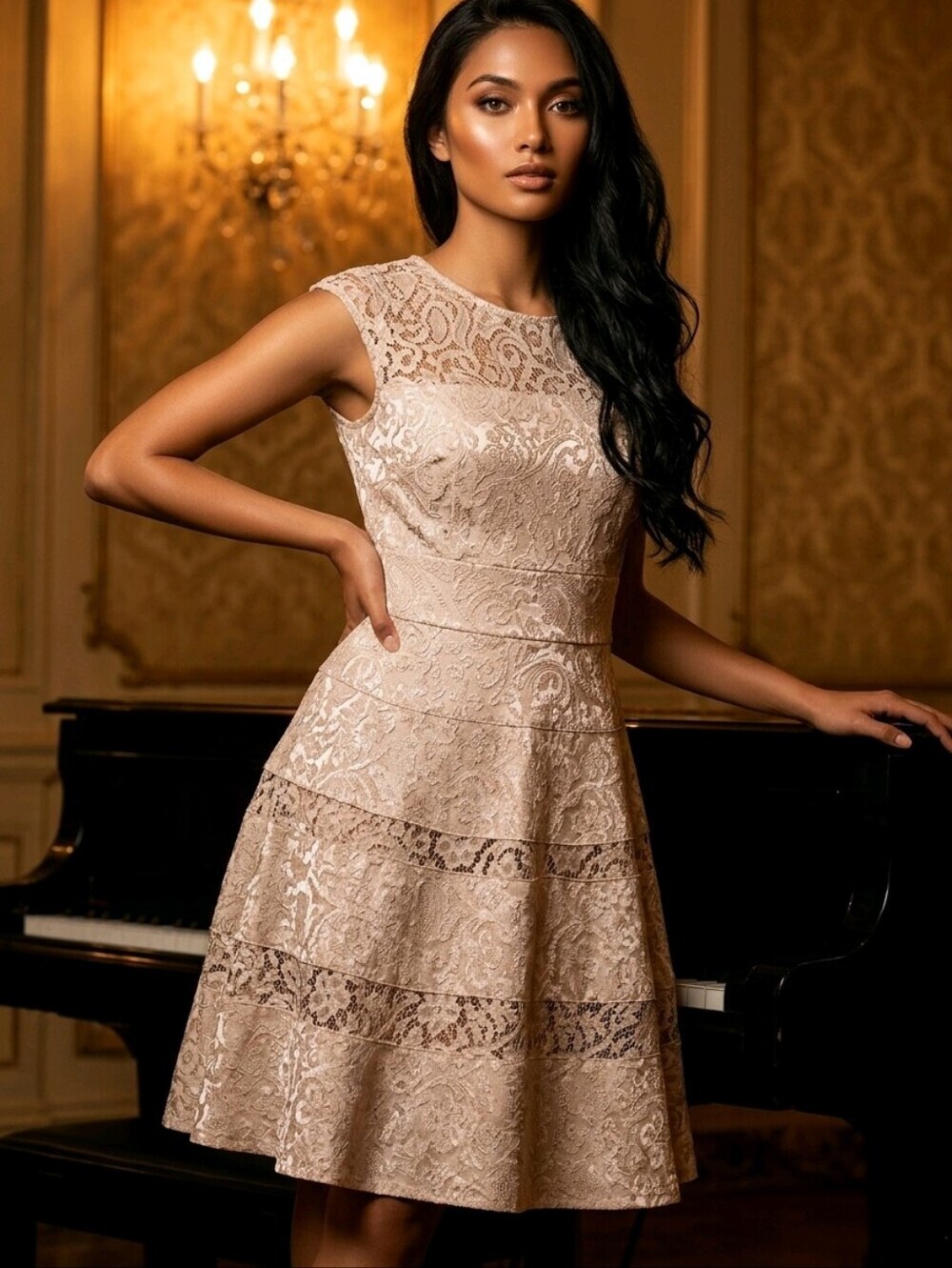 Kay Unger New York Size 6 Champagne Gold Lace Brocade Dress